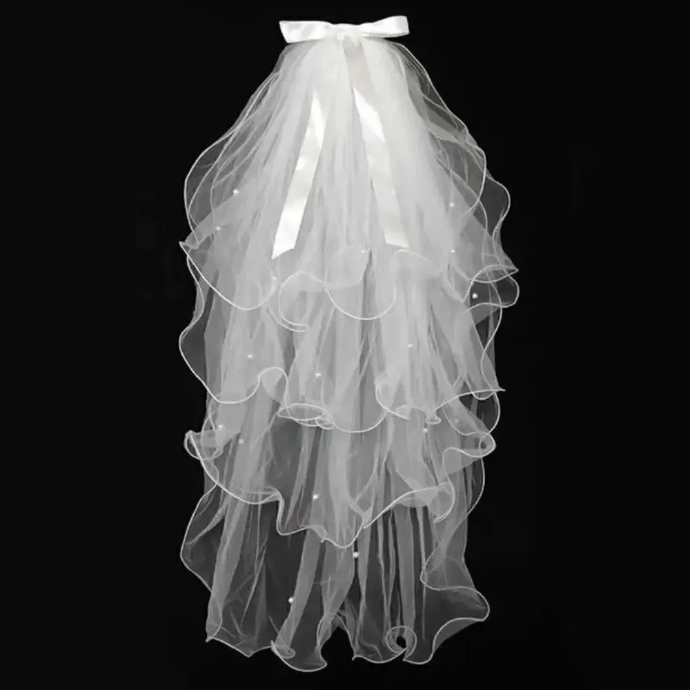 5 Layer Pearl Accents Elbow Bridal Wedding Veil With Satin Bow Comb White Veil